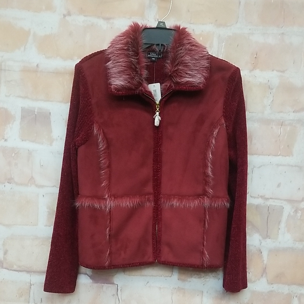 Lisa International Burgundy Teddy Jacket with Faux Fur Trim